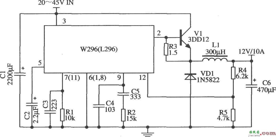 W296构成的输出l2V／10A的扩流应用电路  第1张