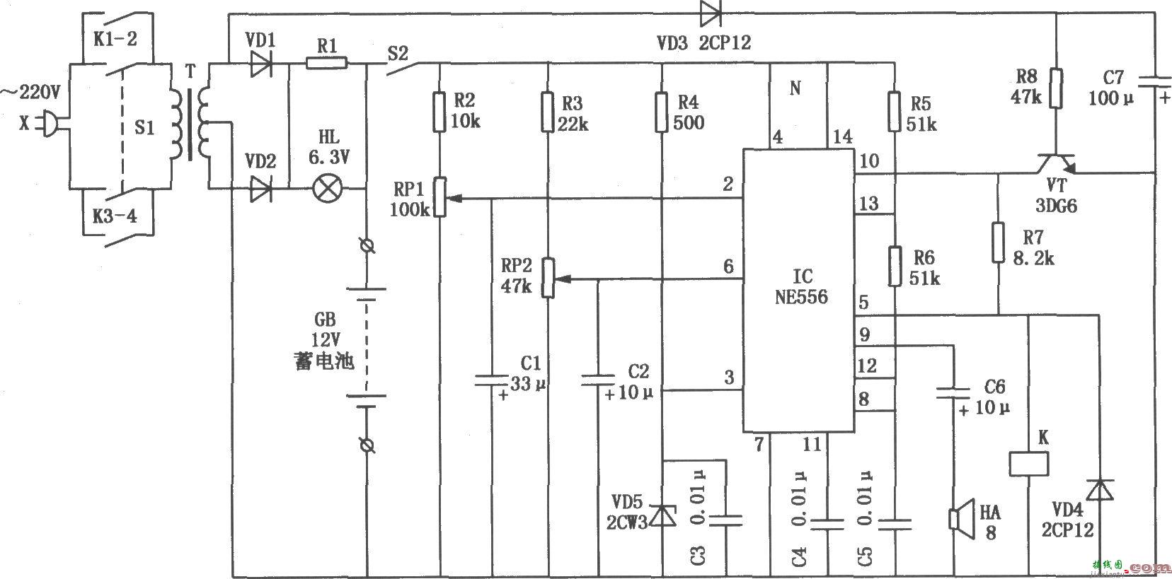 NE556构成的发电机启动蓄电池的全自动监控电路  第1张