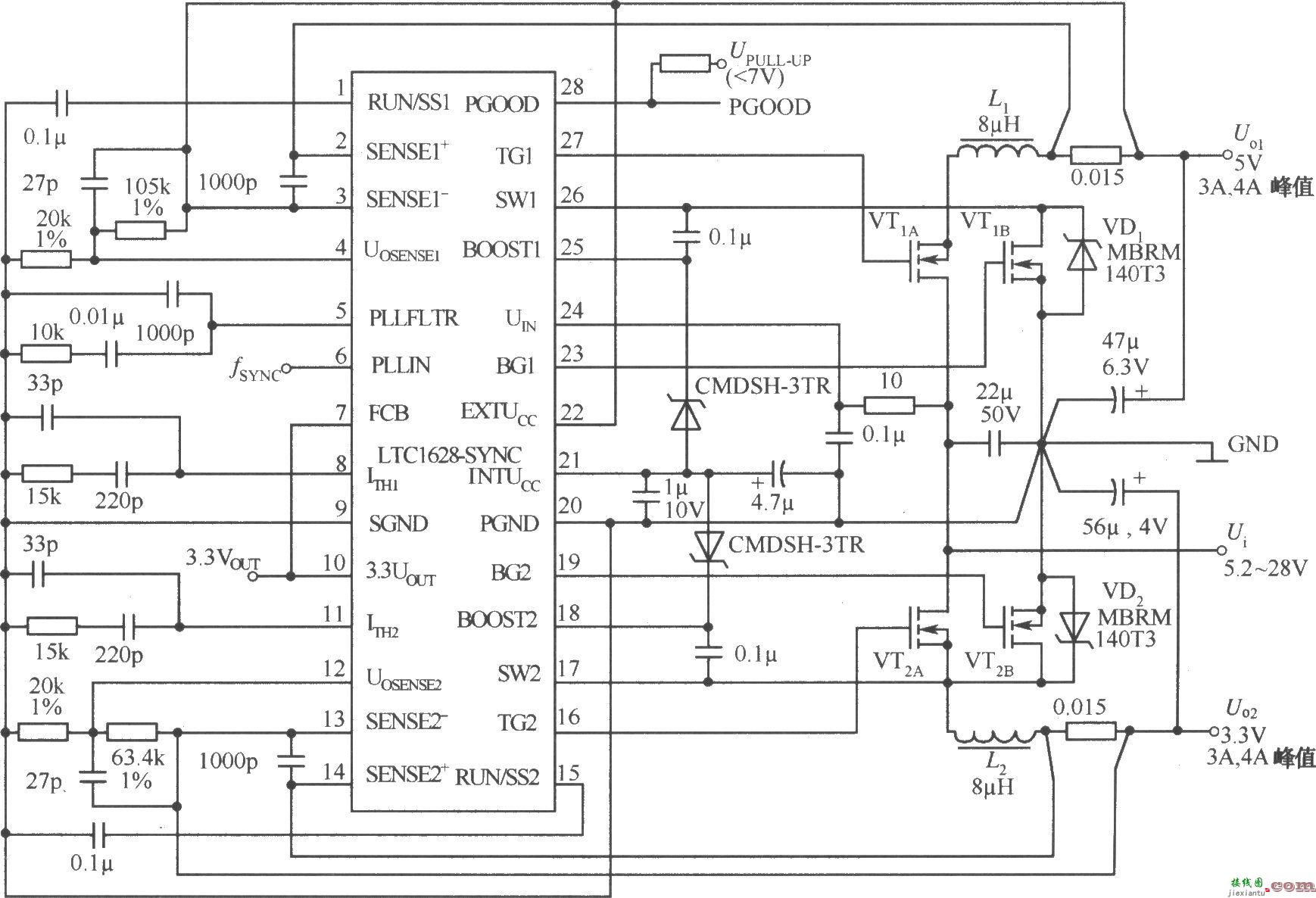 由LTCl628-SYNC构成的5V／4A，3.3V／4A双路直流稳压电源  第1张