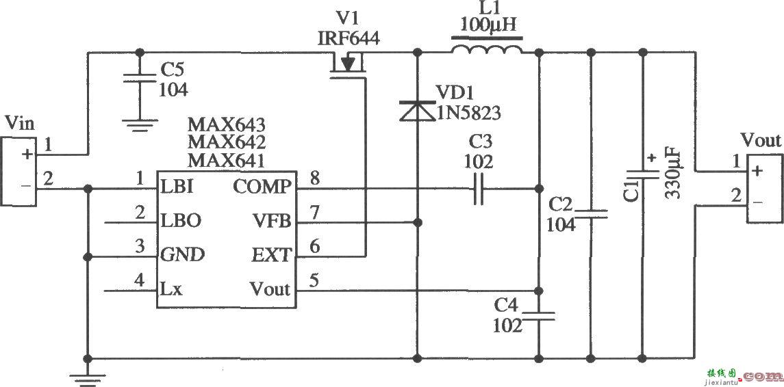 MAX641/MAX642构成降压型输出电流较大的应用电路  第1张