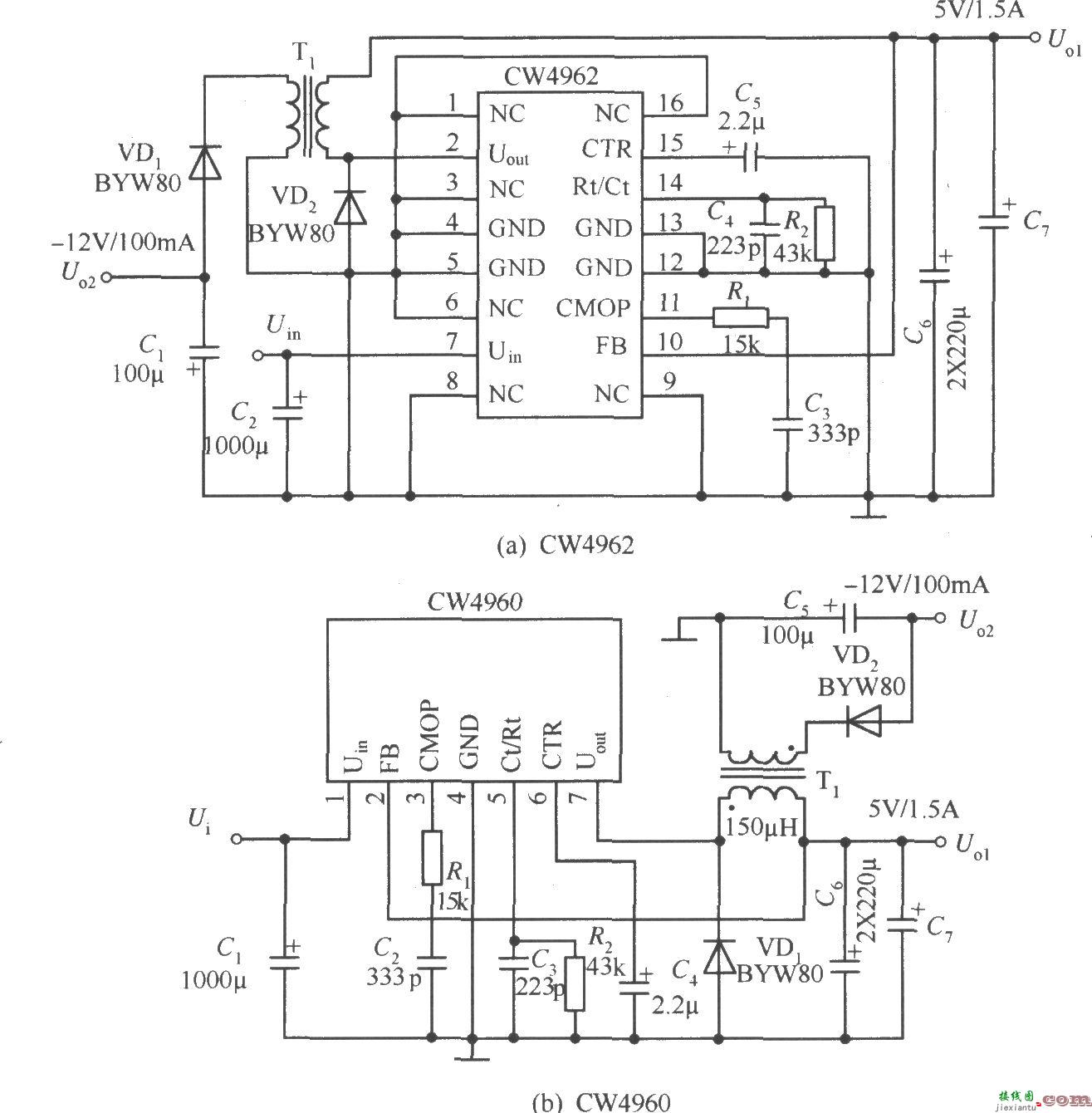 CW4960/CW4962构成双电压( 5V/1.5A、-12V/100mA)输出的应用电路  第1张