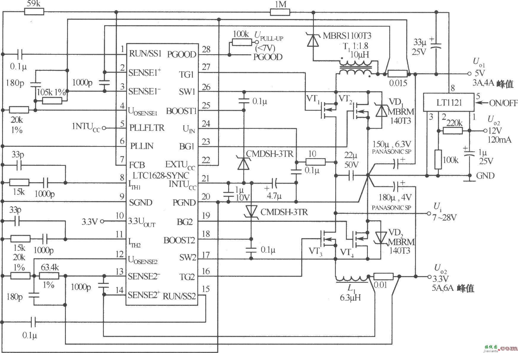 由LTC1628-SYNC构成的输出为5V/3A，12V/120mA，3.3V/5A三路直流  第1张