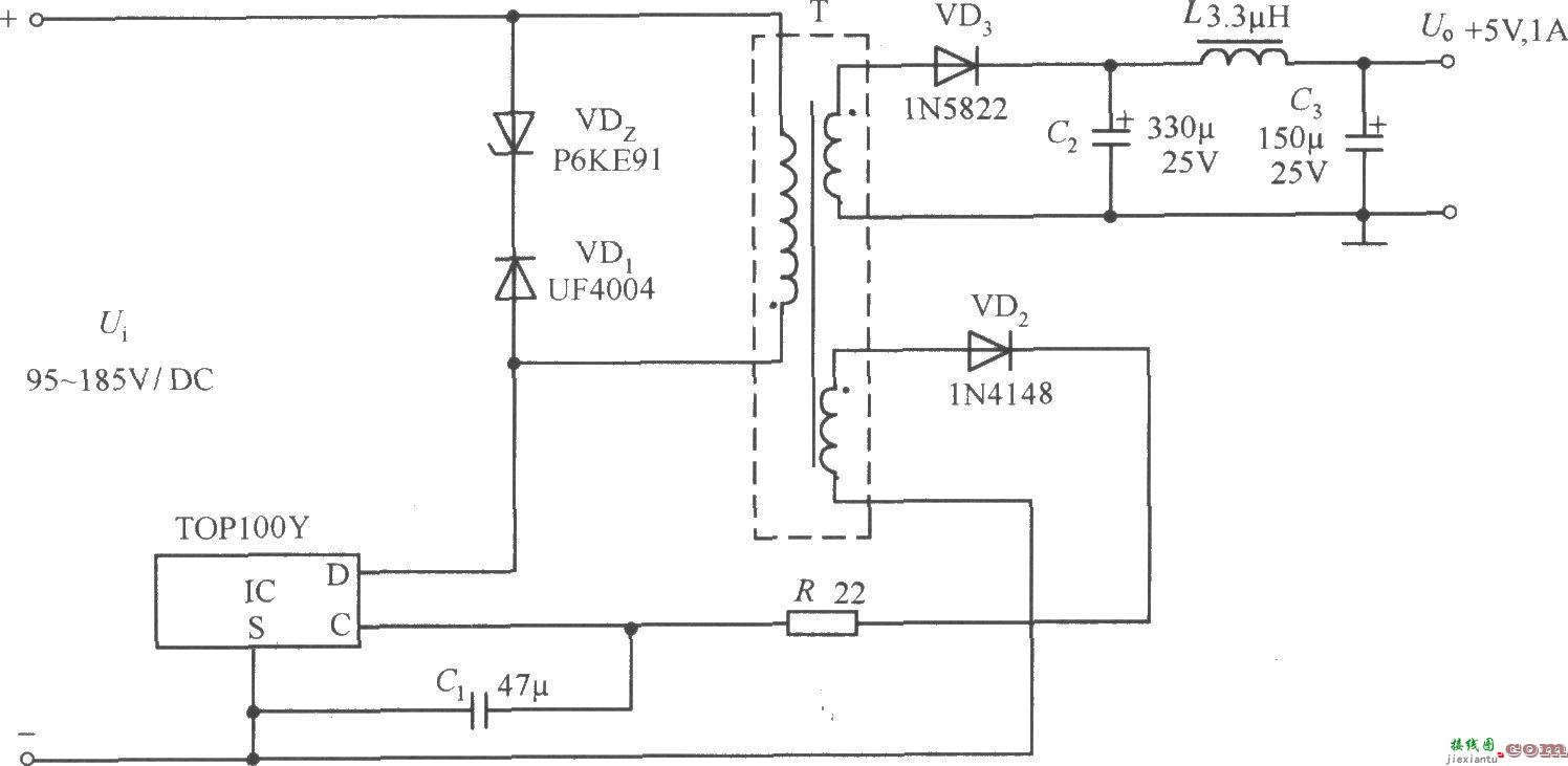 TOP100Y构成的 5V、1A输出的反激式直流开关稳压电源电路  第1张