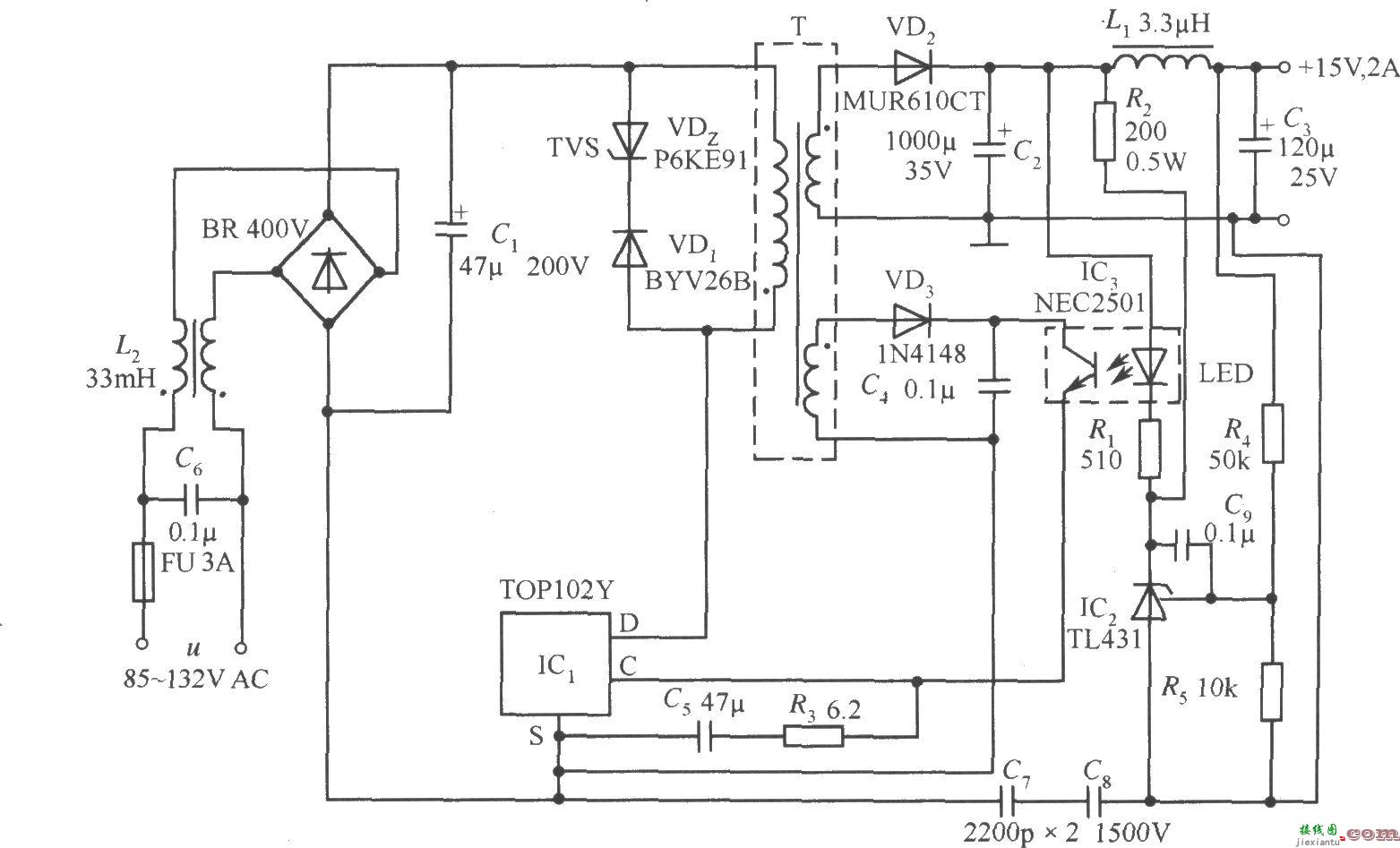 TOP102Y构成的 15V、2A开关直流稳压电源电路  第1张