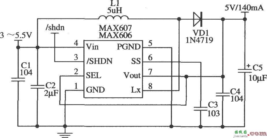 MAX606/MAX607构成5V输出的应用电路  第1张