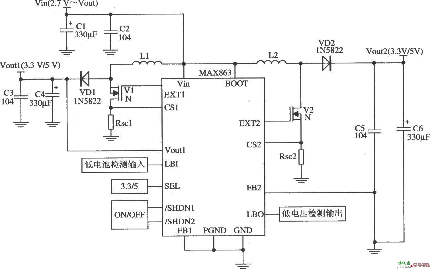 MAX863构成的两路固定3.3V／5V输出的应用电路  第1张