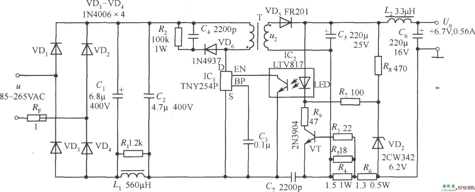 TNY254P构成的 6.7V、0.56A手机电池恒流充电器电路  第1张