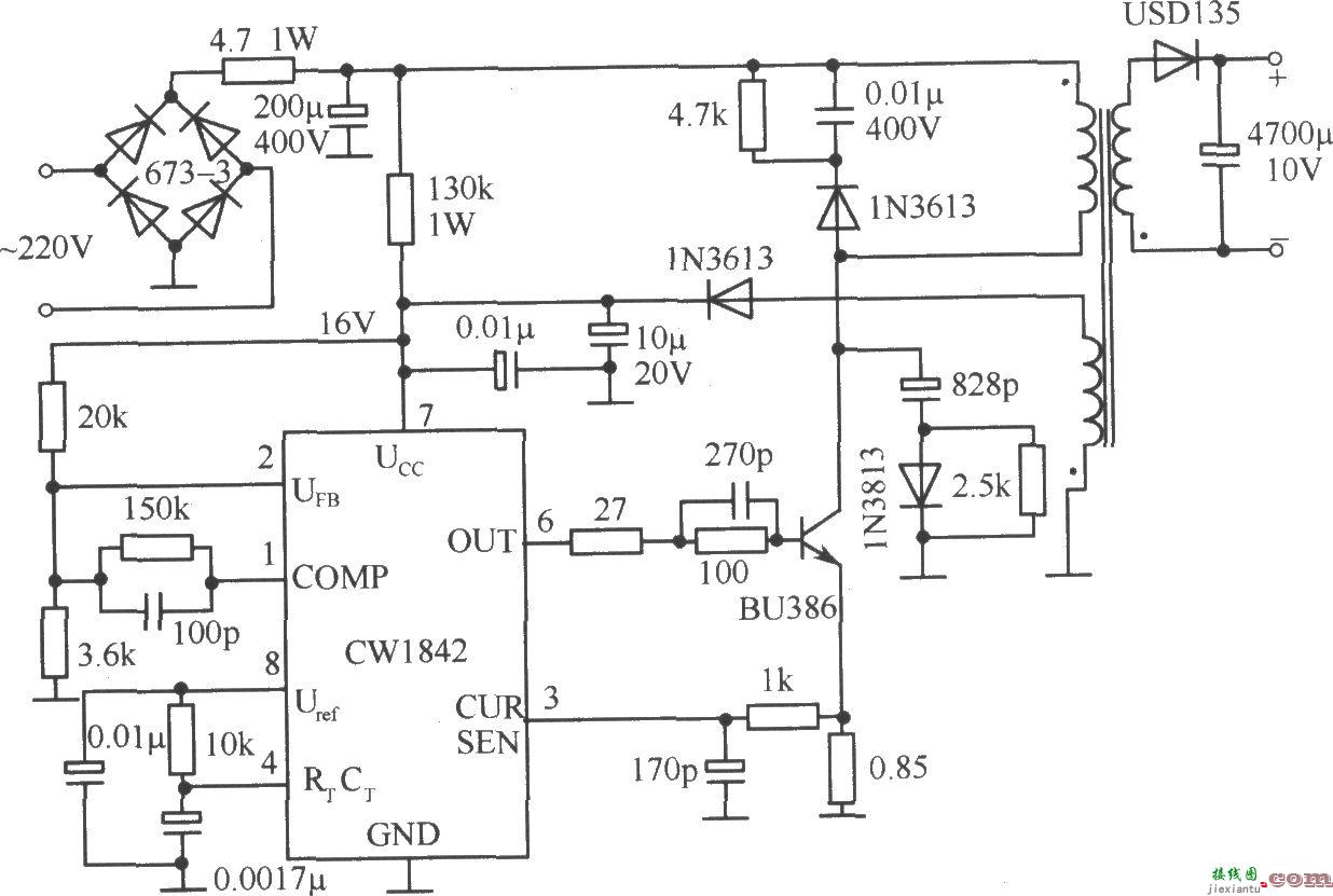 由CW1842外接双极型功率管组成的隔离式开关稳压电源电路  第1张