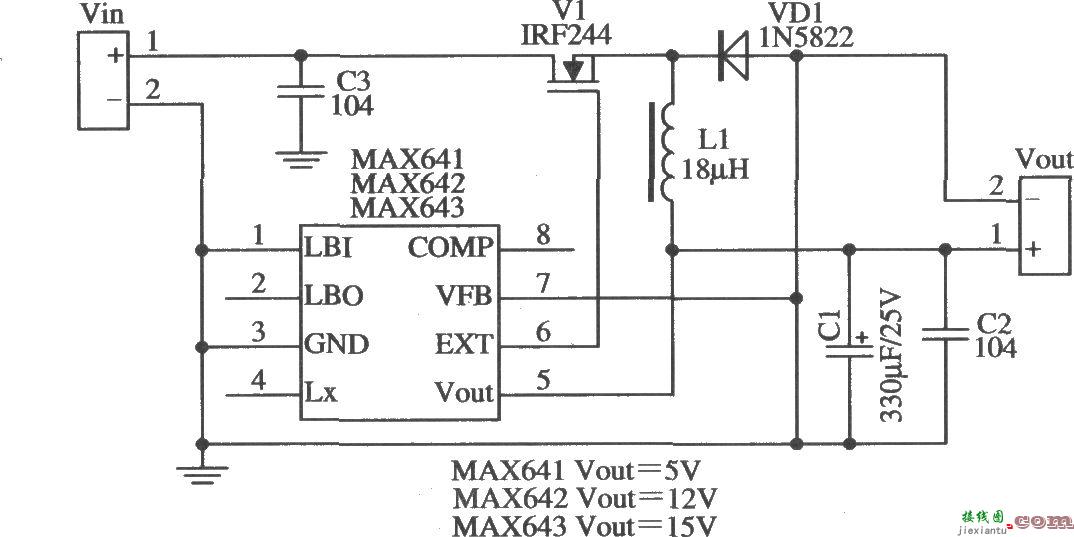 MAX641/MAX642构成降压型固定输出的应用电路  第1张