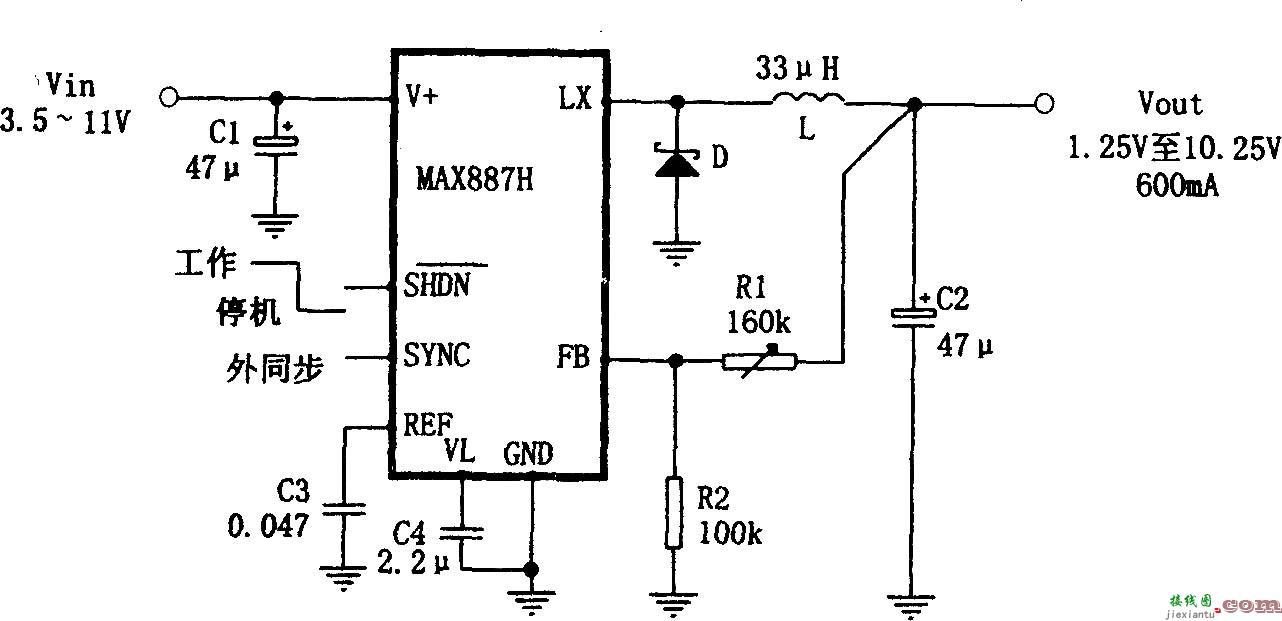 MAX887H构成的低噪声、高效率PWM降压变换电源  第1张