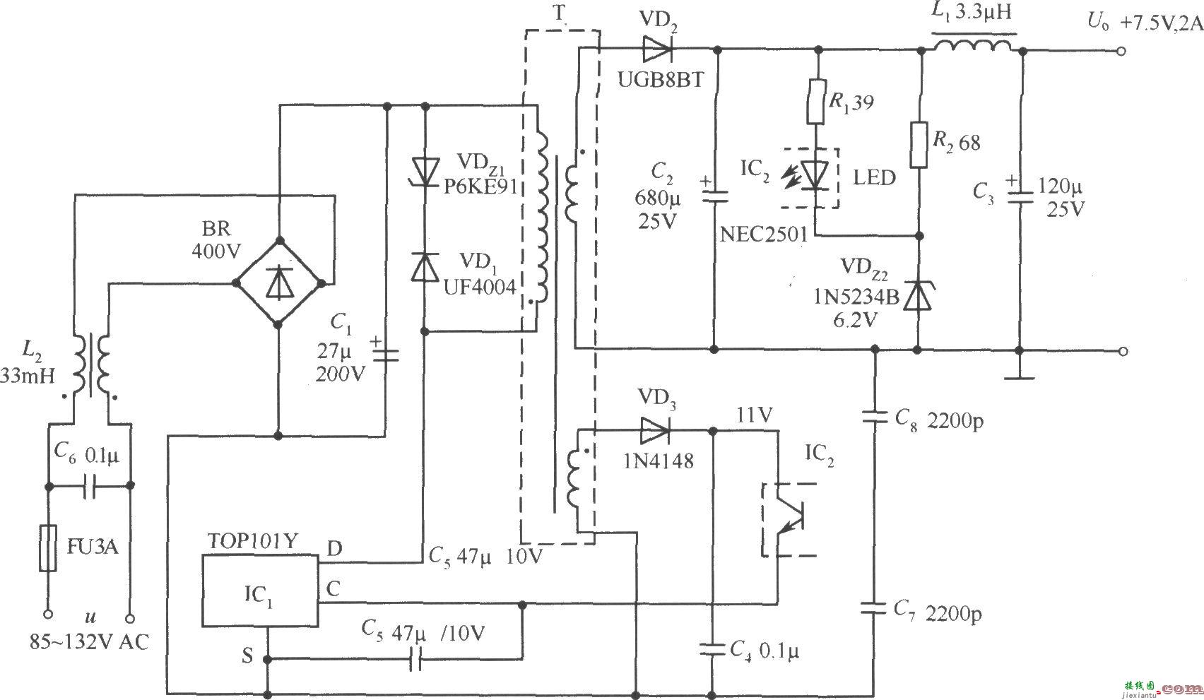 TOP101Y构成的 7.5V、2A输出的开关直流稳压电源电路  第1张