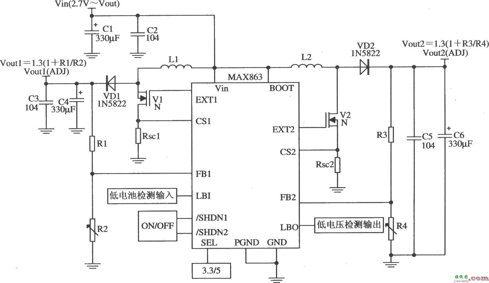 MAX863构成的两路可调式输出的应用电路  第1张