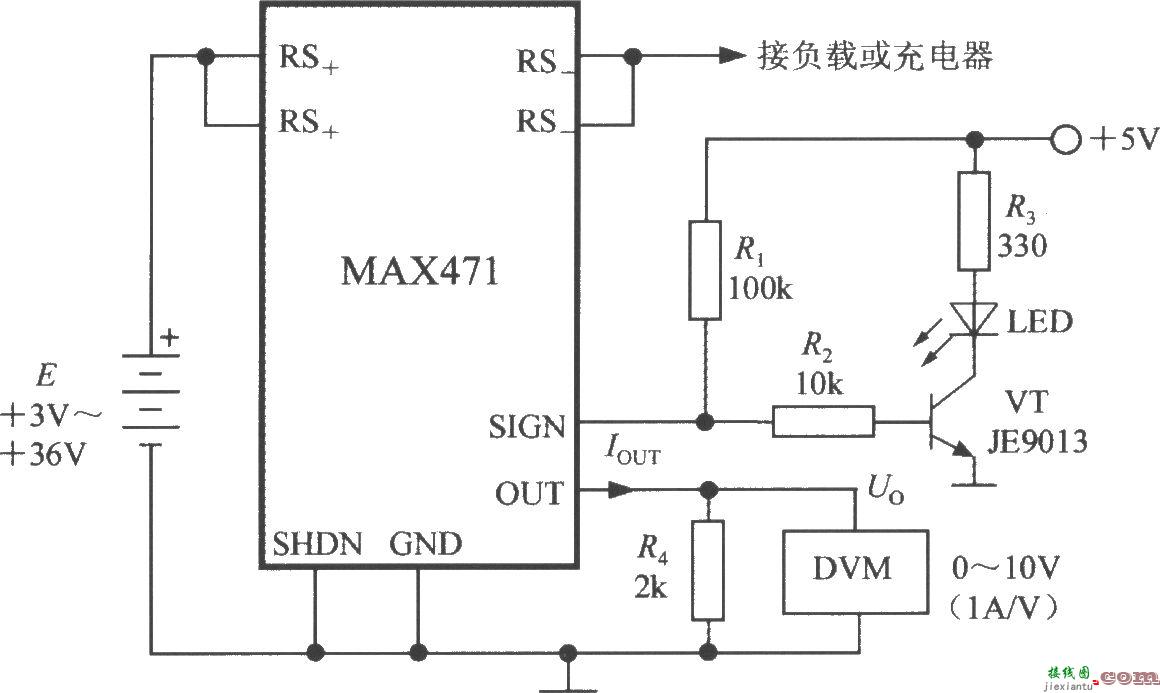 由集成电流传感器MAX471构成±3A电流监测仪的电路  第1张