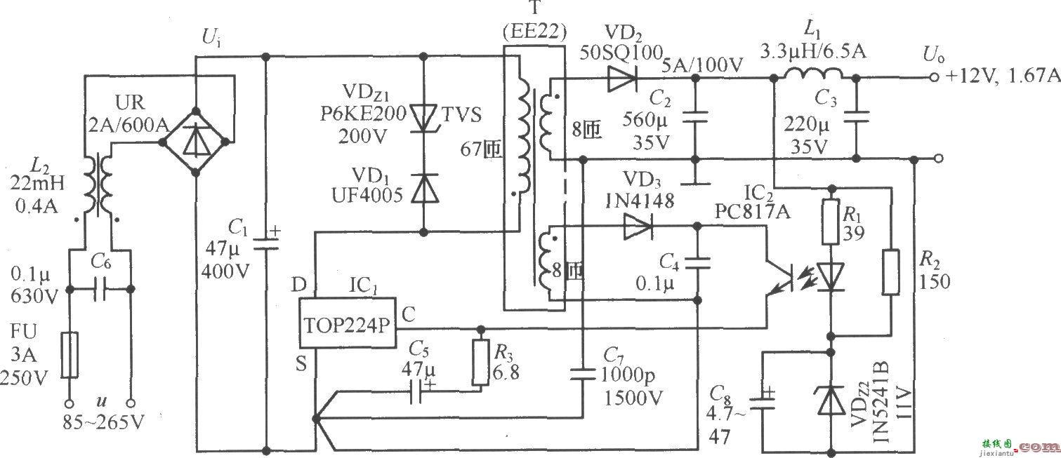 TOP224P构成的 12V、20W开关直流稳压电源电路  第1张