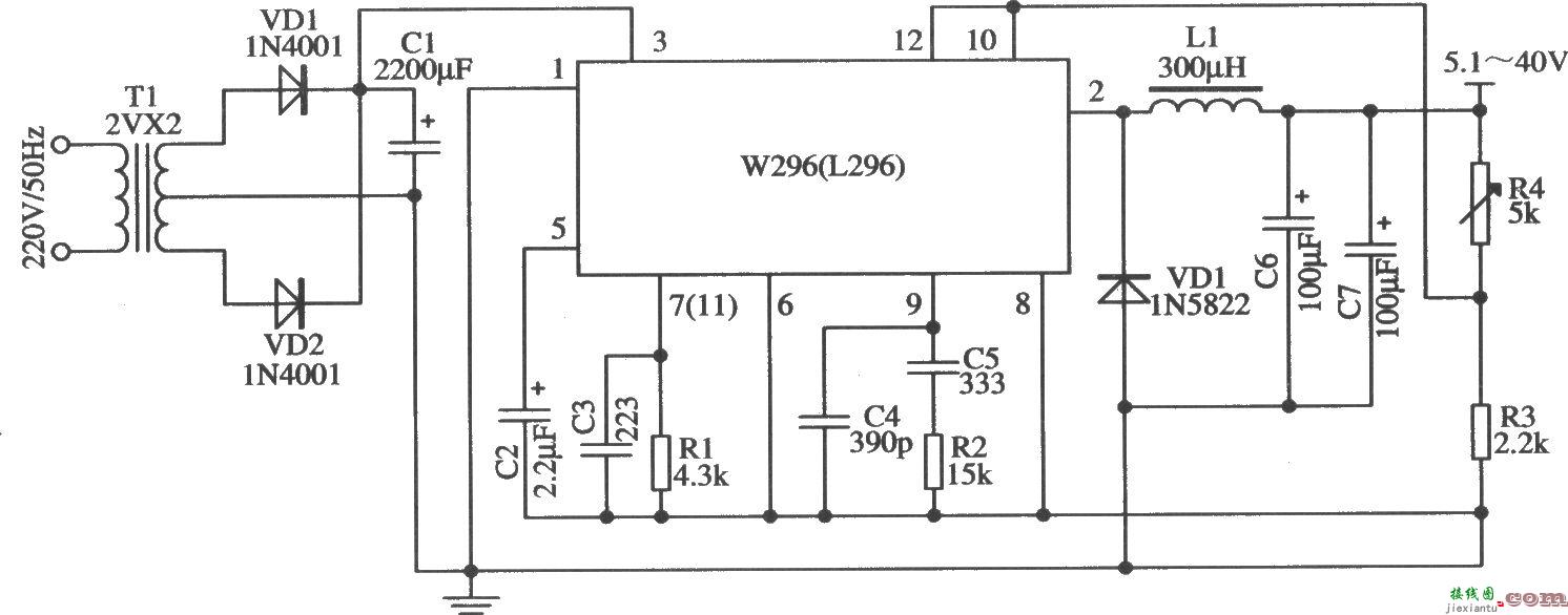 W296构成的1～40V连续可调、输出电流为2A的应用电路  第1张