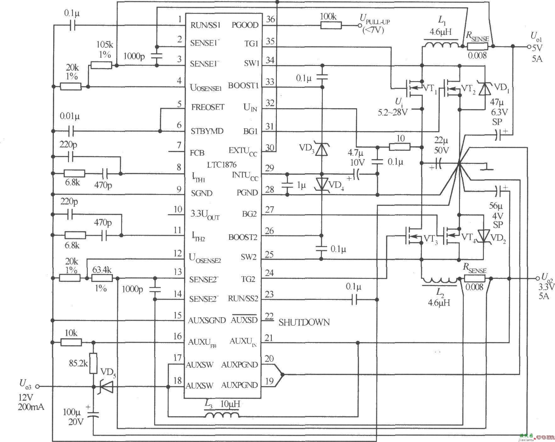 高效三输出电压5V／3.3V，12V／200mA电源电路(LTC1876)  第1张