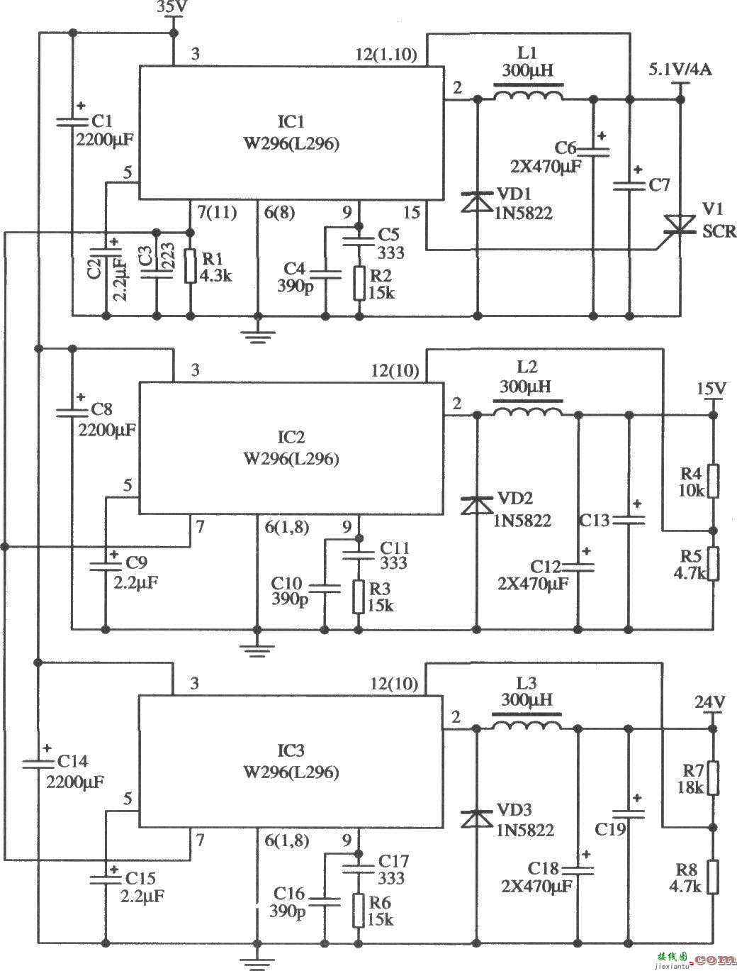 W296同步工作同时提供三路电源的应用电路  第1张