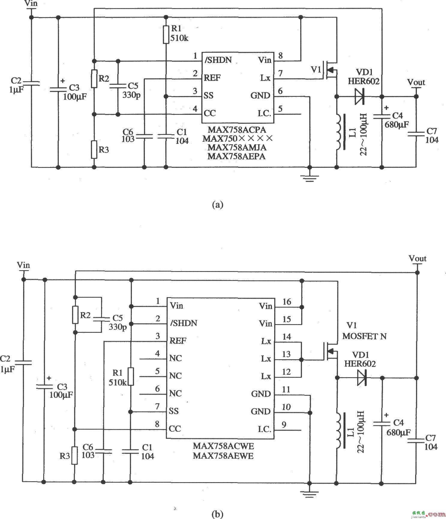 MAX758A构成的升压型扩展输出电流的稳压器应用电路  第1张