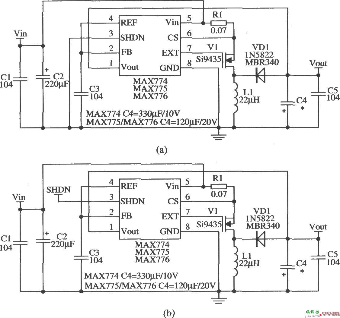 开关集成稳压器MAX774／MAX775／MAX776的典型应用电路  第1张