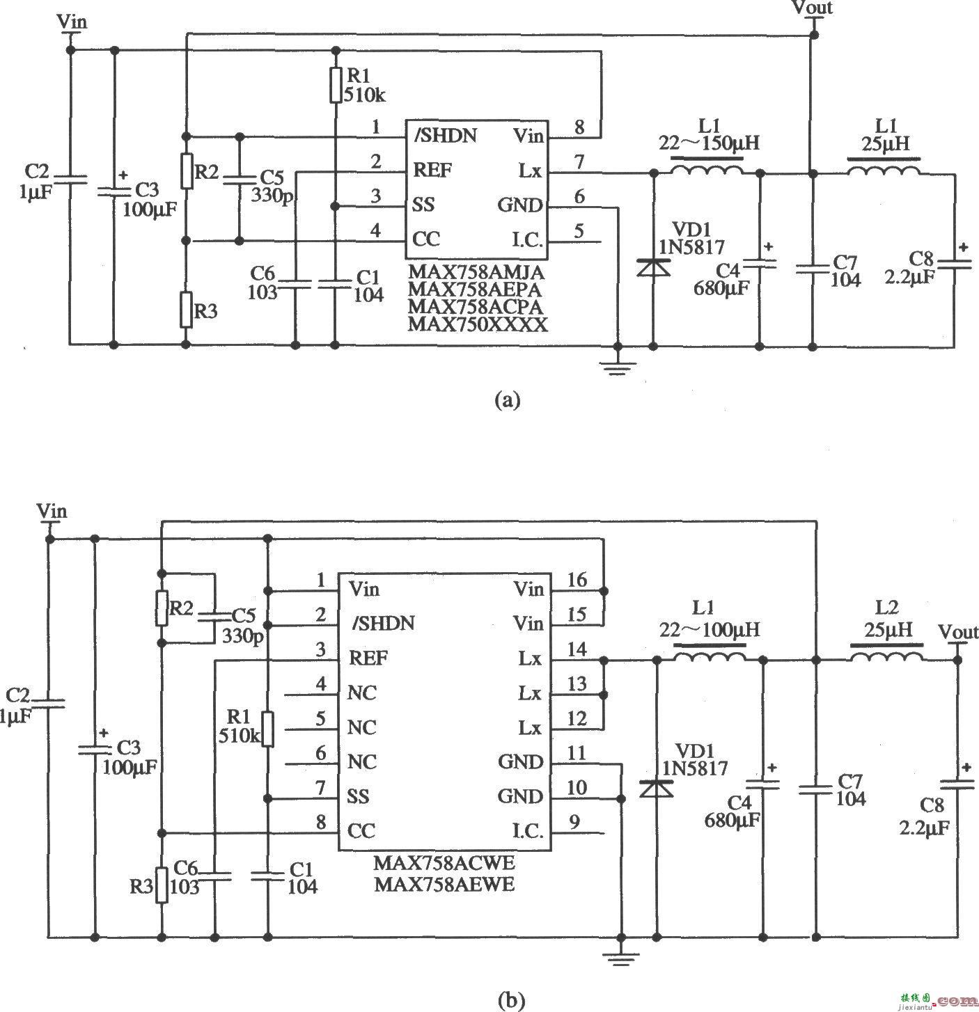 MAX758A构成的输出低噪声的稳压器应用电路  第1张