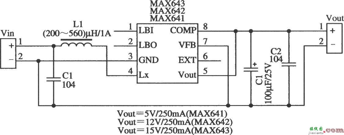 开关集成稳压器MAX641/MAX642/MAX643构成的小功率输出时的典型应  第1张