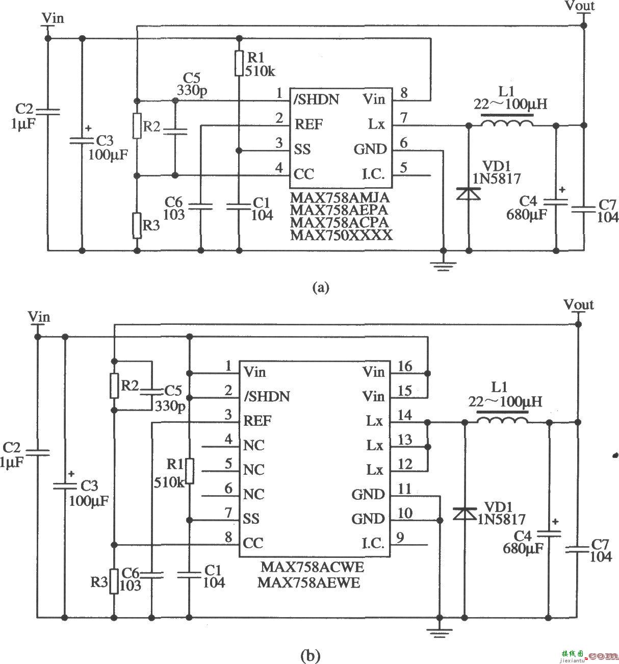 电流型开关集成稳压器MAX750A／MAX758A的典型应用电路  第1张