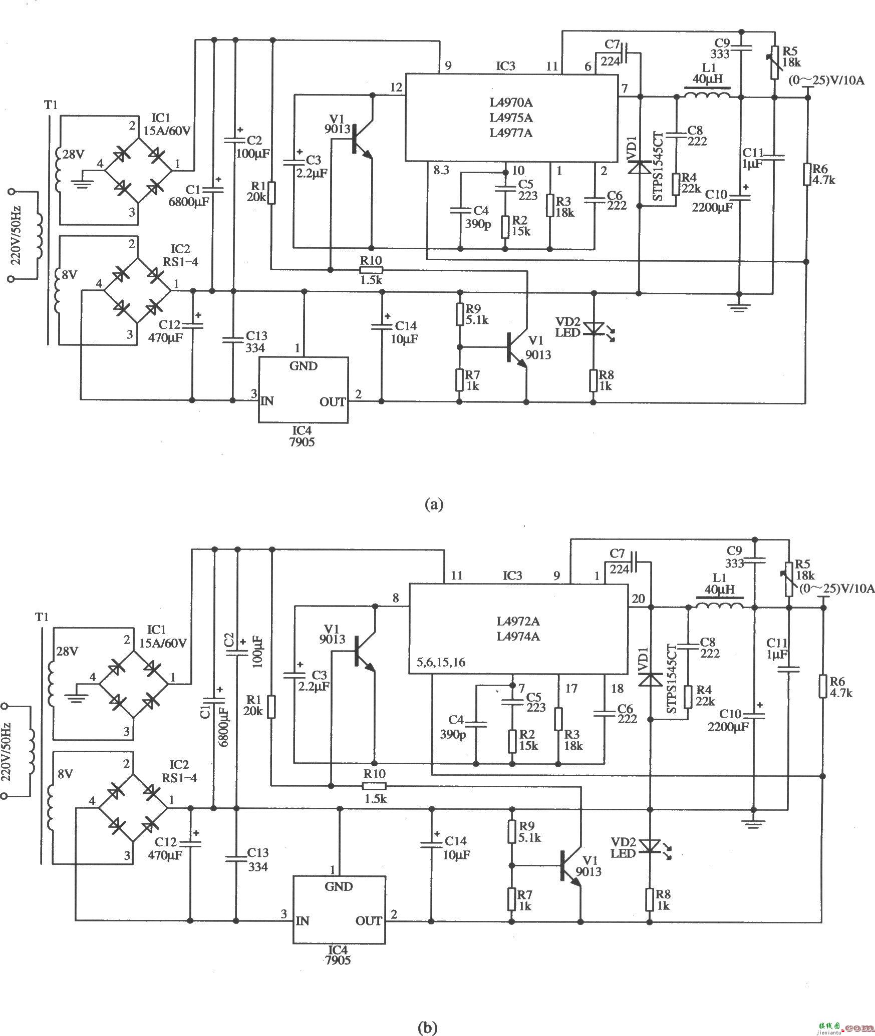 L4970A构成(0～25)V／10 A稳压器的应用电路  第1张