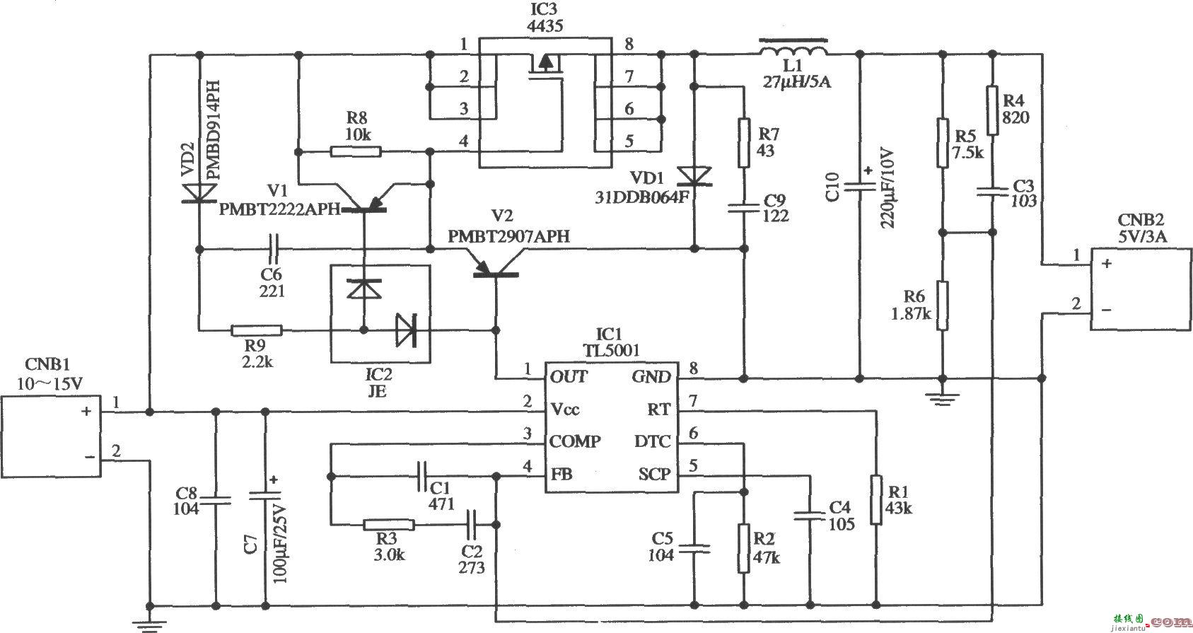 TL5001构成的输入l0～15V、输出5V／3A的开关稳压器应用电路  第1张