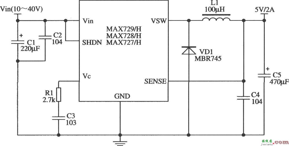 开关集成稳压器MAX727／MAX728／MAX729的典型应用电路  第1张