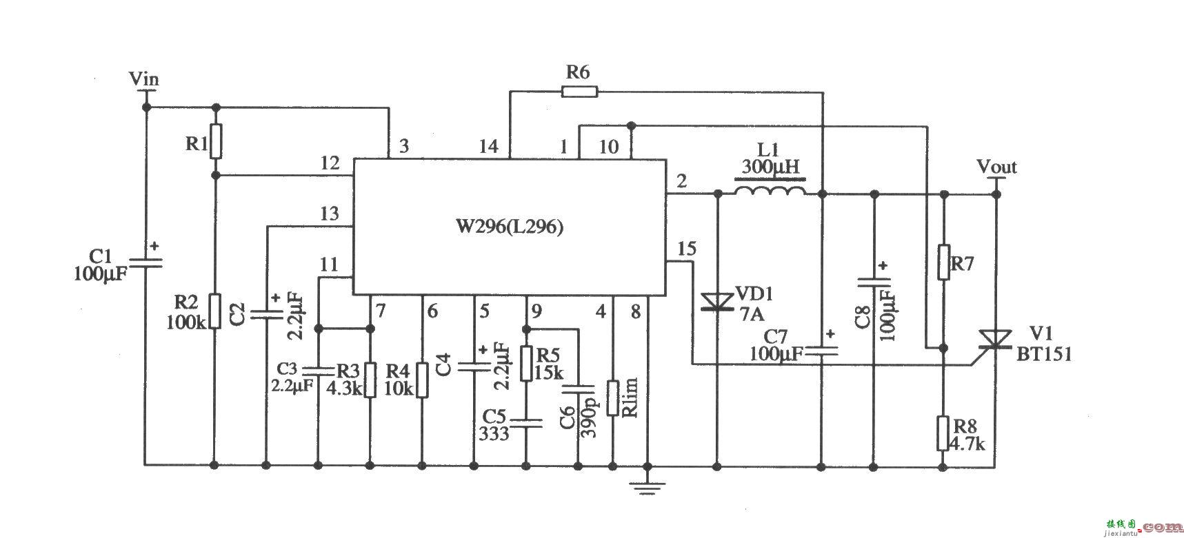 开关集成稳压器W296的典型应用电路  第1张