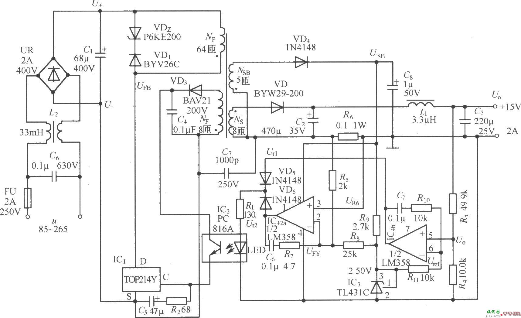 TOP214Y构成的15V、2A恒压饱流型开关电源  第1张