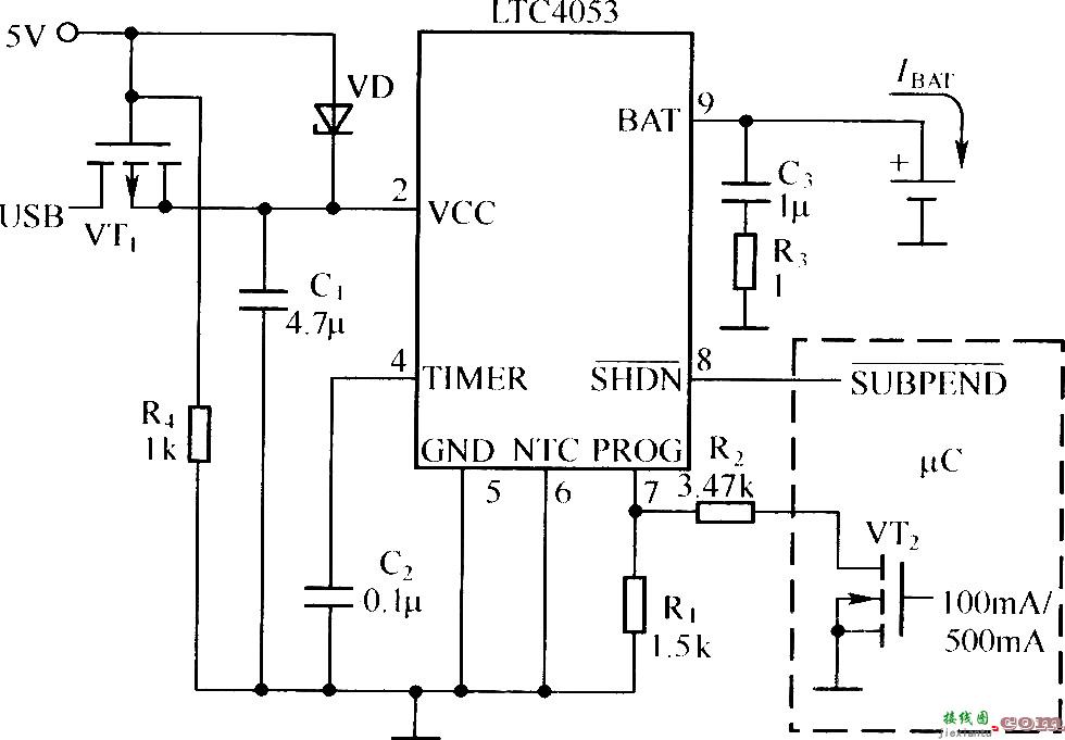 实用的USB接口锂离子电池充电器电路(LTC4053作为控制器）  第1张