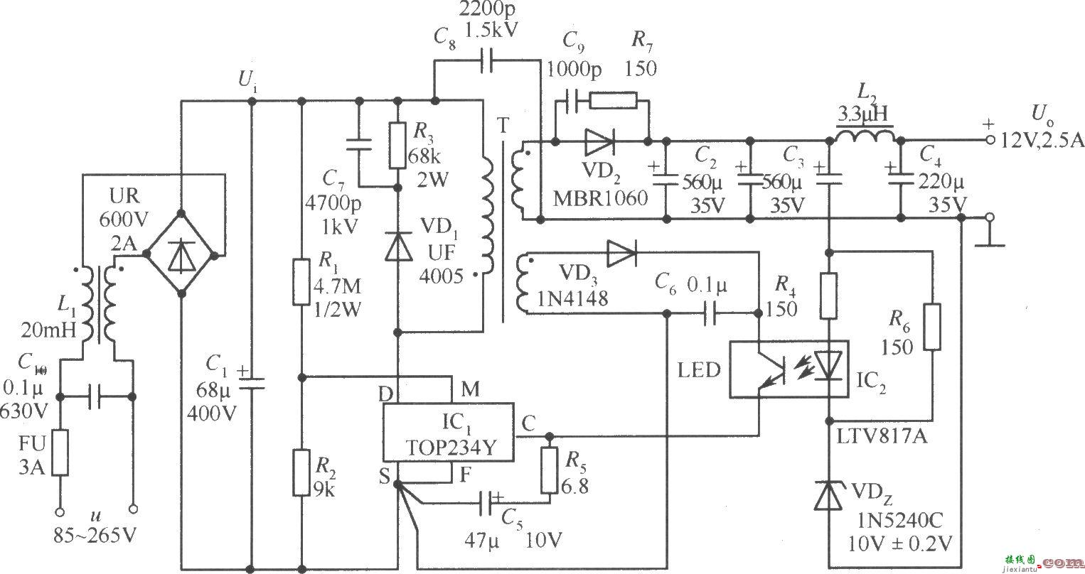 TOP234Y构成的12V、2.5A开关电源电路  第1张