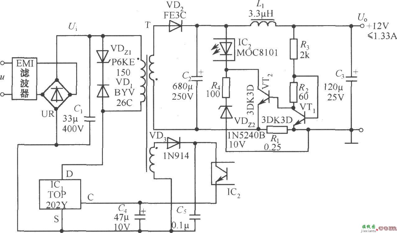 TOP202Y构成的12V、1.3A截流型开关电源电路  第1张