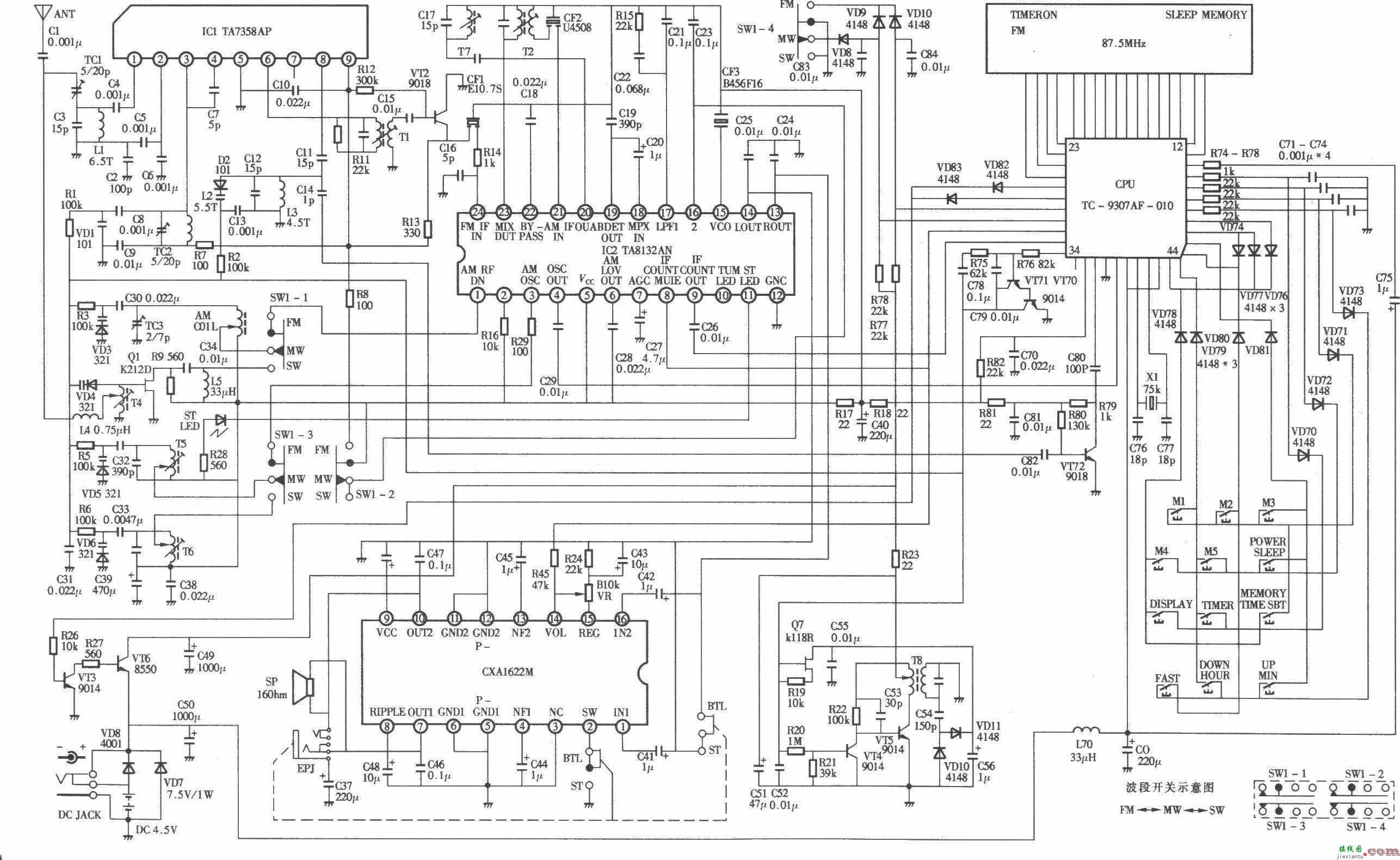 德生PL-737数字调谐式全波段立体声钟控收音机电路  第1张