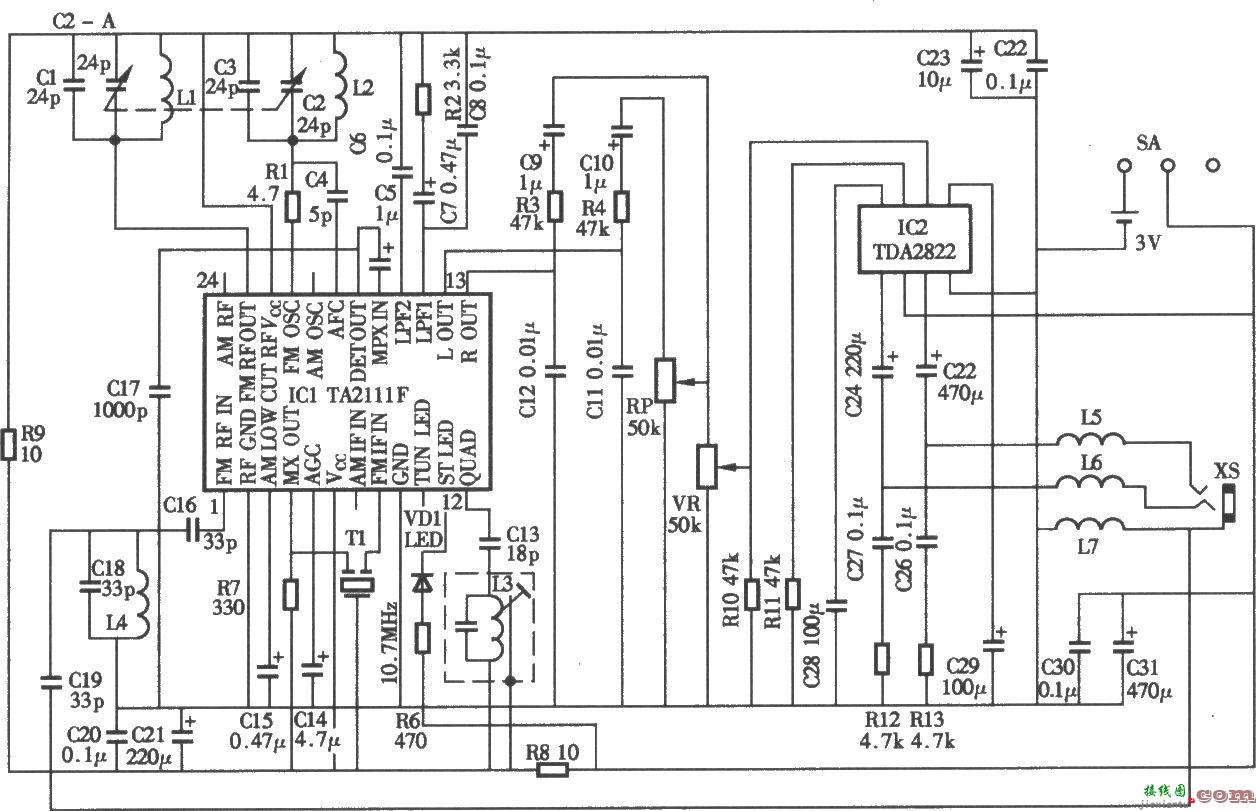 采用TA2111F袖珍调频立体声收音机电路  第1张