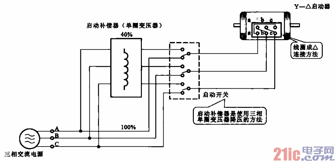 使用启动补偿器的三相感应电动机电路原理图  第1张