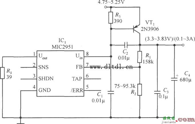 基于MIC2951和PNP型晶体管的扩流电路原理图  第1张