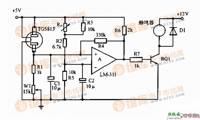 具有温度补偿的气体报警器电路图  第1张