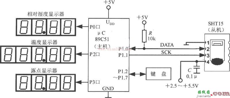 以SHT15与89C51构成的测试相对湿度系统的电路图  第1张