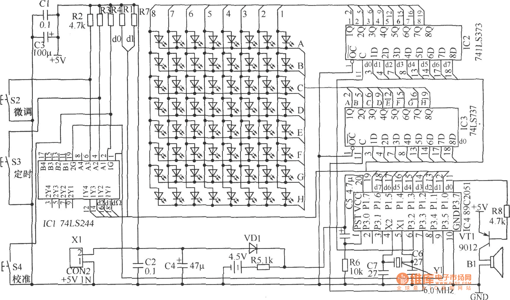 LED流动显示电子钟硬件电路图  第1张