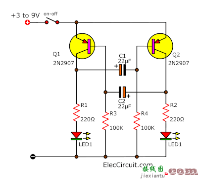 使用PNP晶体管的双LED闪光电路  第1张