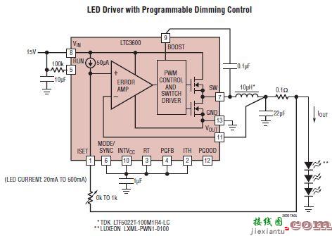 具有可编程调光控制功能的 LTC3600 LED 驱动器电路图  第1张