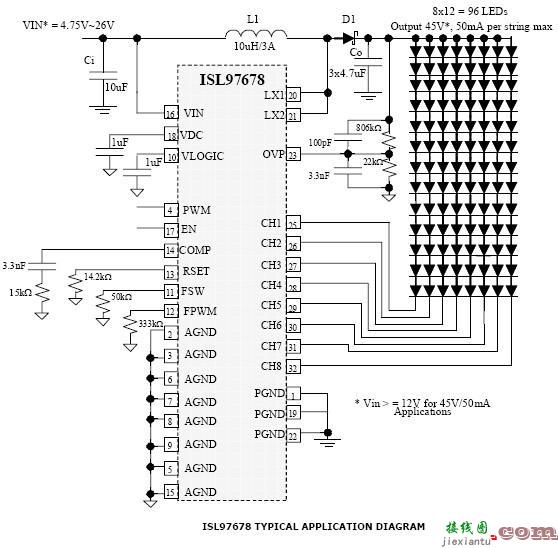 ISL97678 8通道LED驱动电路  第1张