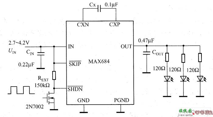 MAX684电荷泵驱动白光LED电路图  第1张