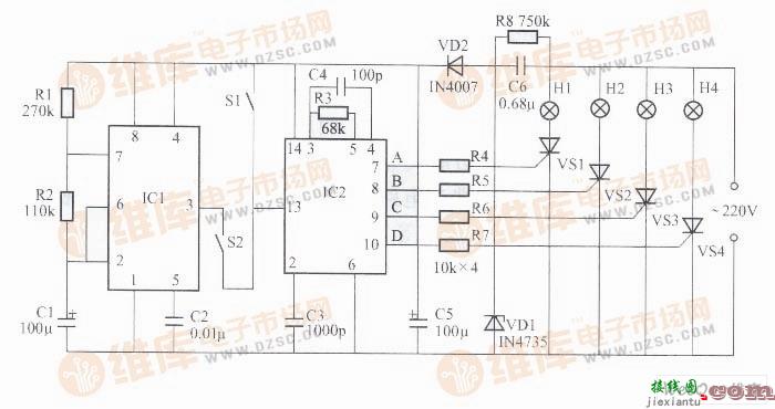 利用YX9010构成的多功能彩灯控制器电路图  第1张