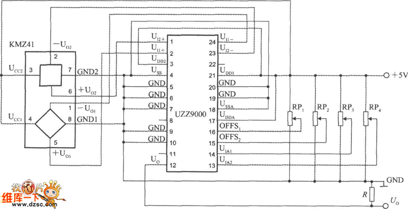 角度传感器信号调理器UZZ9000和磁阻式传感器KMZ41构成的电压输出式角度检测电路图  第1张