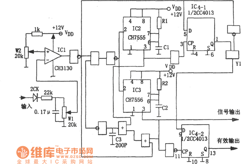 信号幅度在给定时限内的检测电路(CH7555、CC4013)电路图  第1张