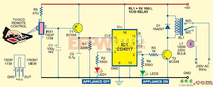 用普通电视遥控器控制其他家电器灯泡，电扇等开关的电路图  第1张