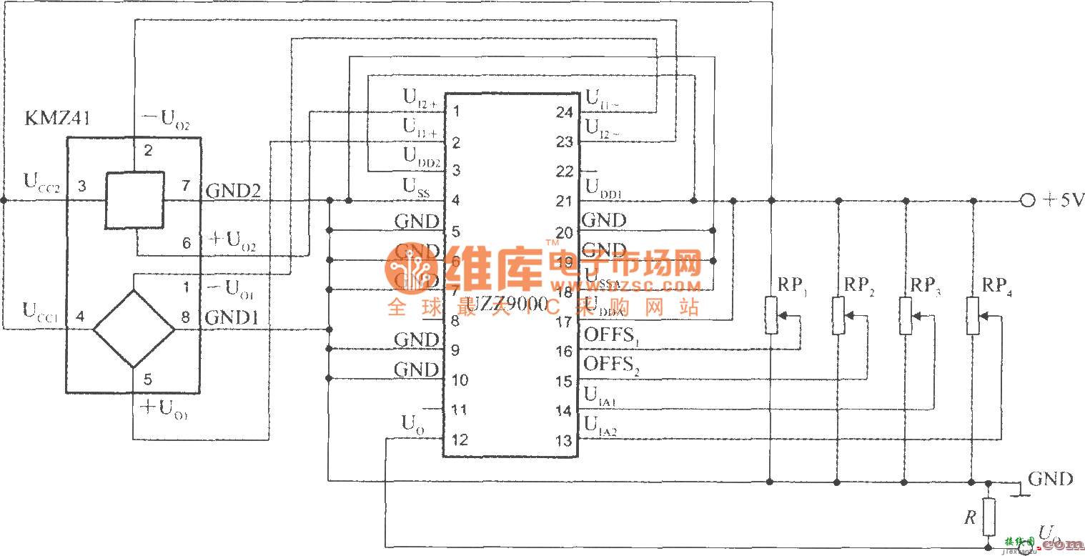 由角度传感器信号调理器UZZ9000和磁阻式传感器KMZ41构成的电压输出式角度检测电路  第1张